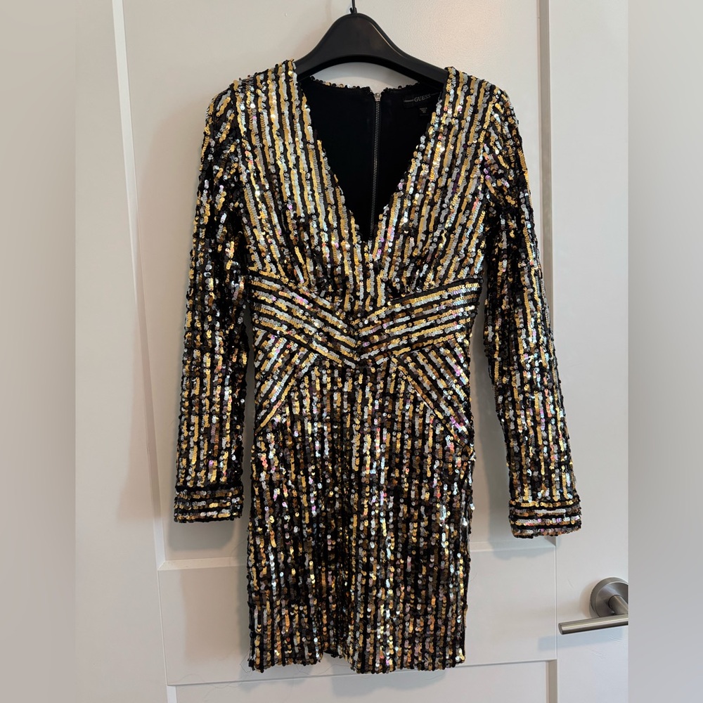 Guess Black and Gold Sequin Long Sleeve Dress